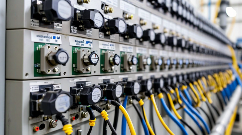 Irrigation system control panel with valve manifold in agricultural pump station