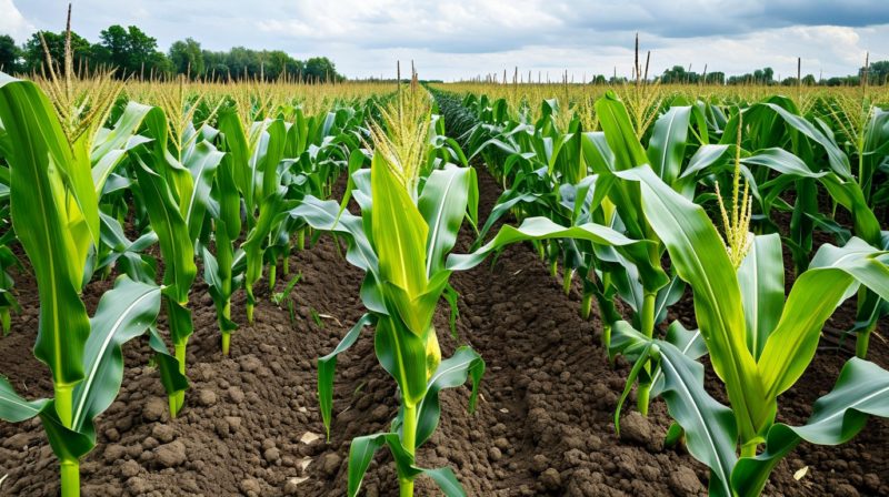 Corn field with nitrogen deficiency chlorosis symptoms