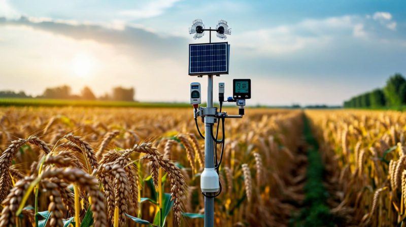 Weather station in agricultural field with anemometer and climate sensors