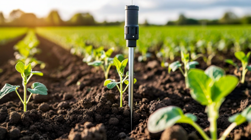 SDI-12 soil moisture sensor probe installation with data logger housing